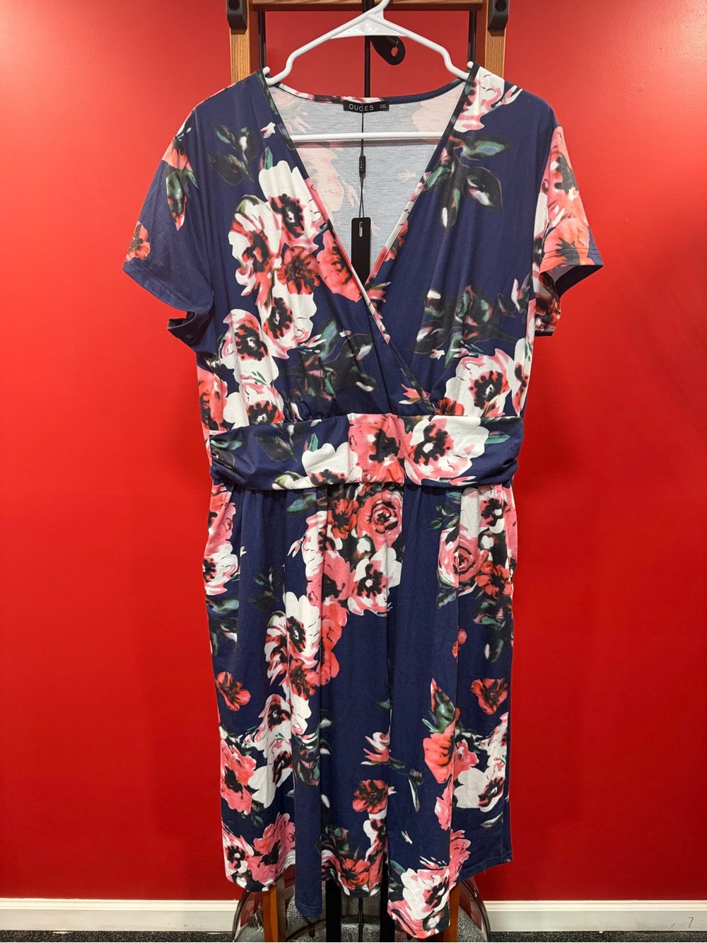 OUGES Floral V Neck Dress Navy Blue Pink Coral Short Sleeve NWT XXL - Picture 3 of 11